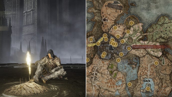 Two screenshots from Elden Ring: Shadow Of The Erdtree. Left: the player sits next to Church District Entrance Site Of Grace. Right: the location of that Site Of Grace on the map.