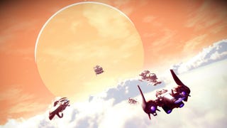 Spaceships flying over clouds against a huge orange planet