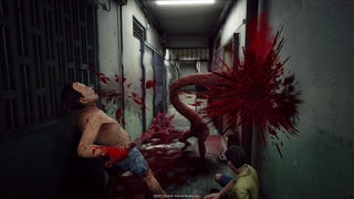 A couple of blood-stained dudes fighting a monster with a tentacle body in Slitterhead