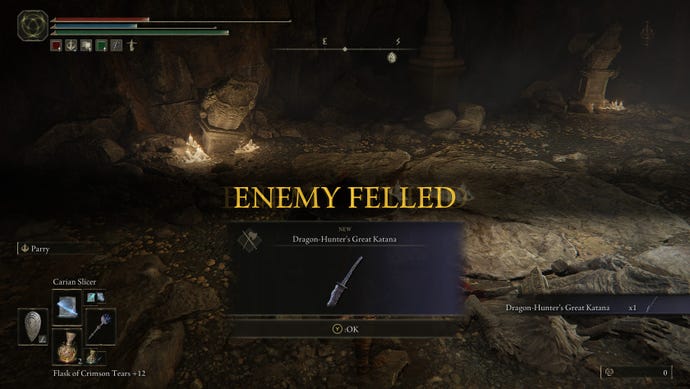 A screenshot reading "ENEMY FELLED" from Shadow of the Erdtree, showing that the player has obtained the Dragon-Hunter's Great Katana.