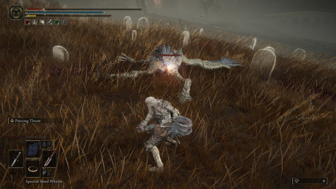 A Tarnished uses the Smithscript Dagger to bring a flying enemy out of the sky in Elden Ring: Shadow of the Erdtree.