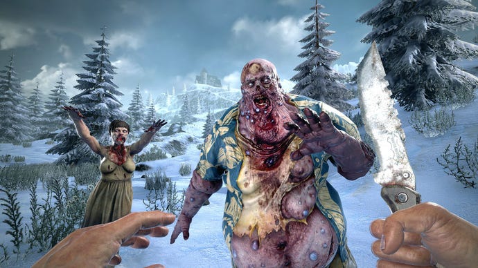 A large zombie reaches out to grab the player in a snowy landscape, and the player fends them off with a knife.