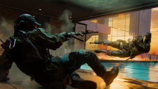 One soldier dives while another slides in a Black Ops 6 shootout by a pool.