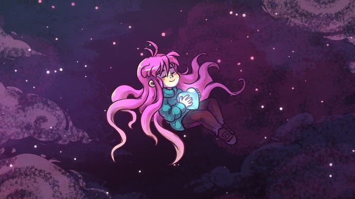 Madeline hugs a heart in Celeste