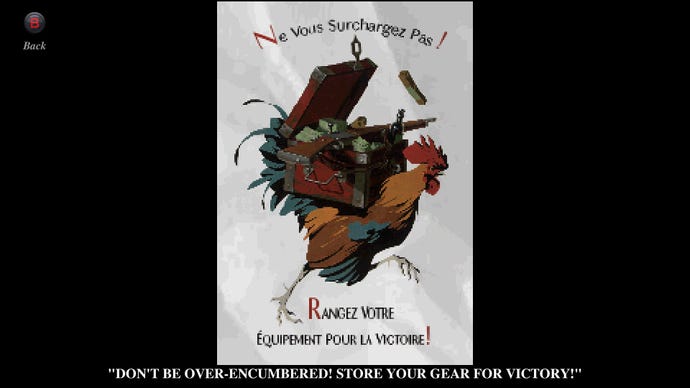 A poster with a gear-carrying cockerel telling you to store your inventory in Conscript.