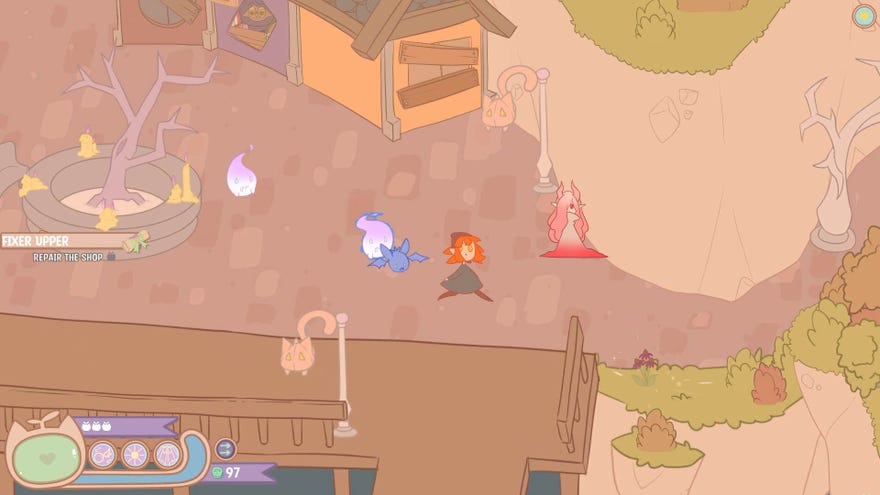 A witch leads a procession of magic veggie pets in Critter Crops.