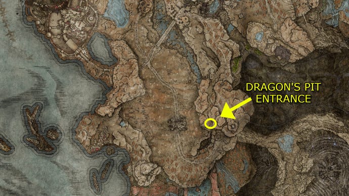 An annotated Elden Ring: Shadow of the Erdtree map showing the entrance to the Dragon's Pit.