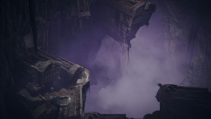 An establishing shot of a deep underground ruin in Elden Ring: Shadow Of The Erdtree, filled with purple air.