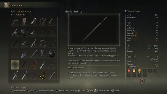 The inventory screen in Elden Ring showing the description for the Milady Light Greatsword in the Shadow Of The Erdtree DLC.