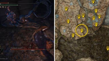 Two Elden Ring: Shadow Of The Erdtree screenshots side by side. Left: a screenshot of the player fighting the Curseblade Labirith boss. Right: the location of that boss on the map.