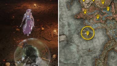 Two Elden Ring: Shadow Of The Erdtree screenshots side by side. Left: a screenshot of the player fighting the Dancer Of Ranah boss. Right: the location of that boss on the map.