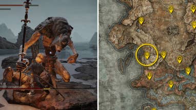 Two Elden Ring: Shadow Of The Erdtree screenshots side by side. Left: a screenshot of the player fighting the Demi-Human Queen Marigga boss. Right: the location of that boss on the map.