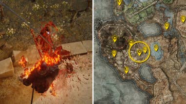 Two Elden Ring: Shadow Of The Erdtree screenshots side by side. Left: a screenshot of the player fighting the Fire Knight Queelign boss. Right: the location of that boss on the map.