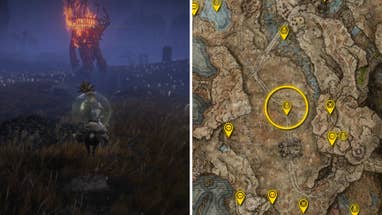 Two Elden Ring: Shadow Of The Erdtree screenshots side by side. Left: a screenshot of the player fighting the Furnace Golem boss. Right: the location of that boss on the map.