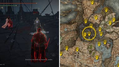 Two Elden Ring: Shadow Of The Erdtree screenshots side by side. Left: a screenshot of the player fighting the Leda vs Hornsent boss. Right: the location of that boss on the map.