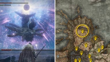 Two Elden Ring: Shadow Of The Erdtree screenshots side by side. Left: a screenshot of the player fighting the Metyr Mother Of Fingers boss. Right: the location of that boss on the map.