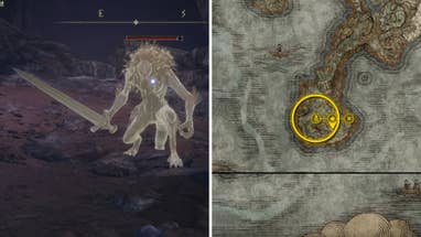 Two Elden Ring: Shadow Of The Erdtree screenshots side by side. Left: a screenshot of the player fighting the Misbegotten Crusader boss. Right: the location of that boss on the map.