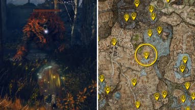 Two Elden Ring: Shadow Of The Erdtree screenshots side by side. Left: a screenshot of the player fighting the Ralva The Great Red Bear boss. Right: the location of that boss on the map.