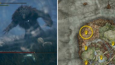 Two Elden Ring: Shadow Of The Erdtree screenshots side by side. Left: a screenshot of the player fighting the Rugalea The Great Red Bear boss. Right: the location of that boss on the map.