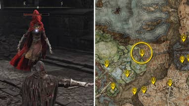 Two Elden Ring: Shadow Of The Erdtree screenshots side by side. Left: a screenshot of the player fighting the Salza, Fire Knight Sage boss. Right: the location of that boss on the map.