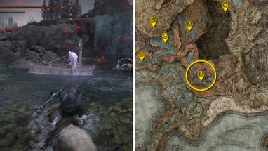 Two Elden Ring: Shadow Of The Erdtree screenshots side by side. Left: a screenshot of the player fighting the Tibia Mariner boss. Right: the location of that boss on the map.