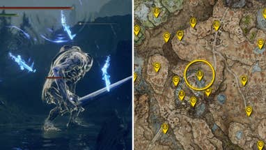 Two Elden Ring: Shadow Of The Erdtree screenshots side by side. Left: a screenshot of the player fighting the Troll Knight Apparition boss. Right: the location of that boss on the map.