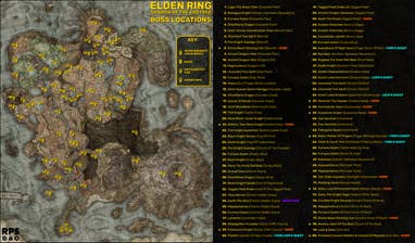 A full map of the Land Of Shadow in Elden Ring: Shadow Of The Erdtree, with all the DLC's boss locations marked with yellow markers. On the right-hand side is a key listing the names and order of every single boss in Shadow Of The Erdtree.