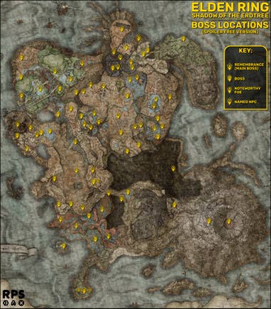 A full map of the Land Of Shadow in Elden Ring: Shadow Of The Erdtree, with all the DLC's boss locations marked with yellow markers.