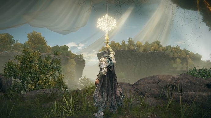 The player in Elden Ring: Shadow Of The Erdtree holds aloft Leda's Sword and uses its skill while standing in a rocky forest plateau area.