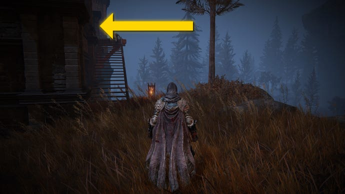 The player in Elden Ring: Shadow Of The Erdtree stands in a grassy path in Castle Ensis. A yellow arrow points in the direction of the location of the Milady weapon up some steps.