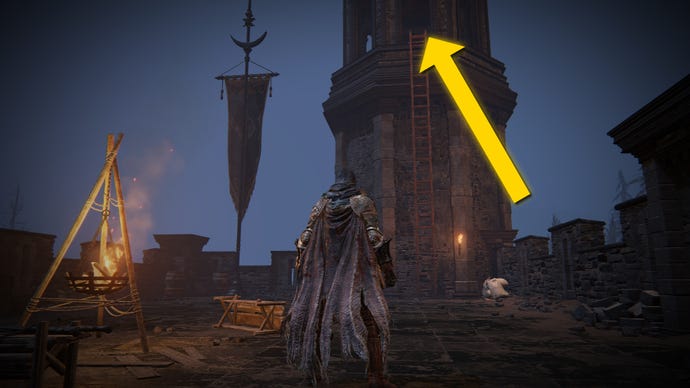 The player in Elden Ring: Shadow Of The Erdtree stands on some castle ramparts in Castle Ensis. A yellow arrow points in the direction of the location of the Milady weapon at the top of a nearby tower.