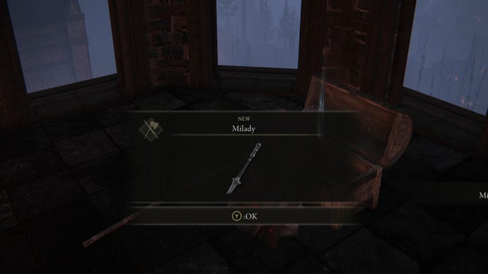 The player in Elden Ring: Shadow Of The Erdtree loots the Milady weapon from a chest at the top of a tower in Castle Ensis.