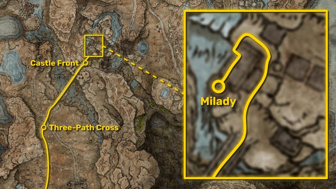 Part of the map of Elden Ring: Shadow Of The Erdtree, with the path to the location of the Milady weapon highlighted in yellow.