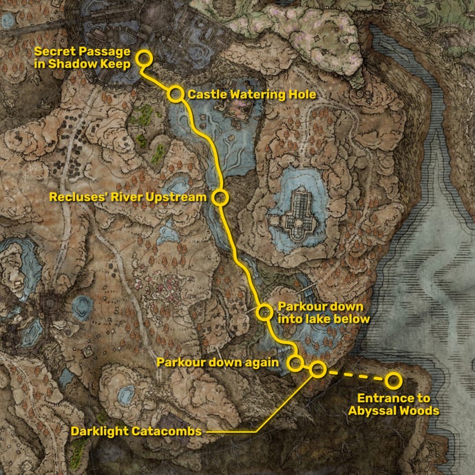 Part of the Elden Ring map of Shadow Of The Erdtree, with the path from the Shadow Keep to the Abyssal Woods highlighted in yellow.