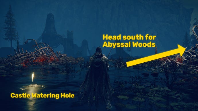 The player in Elden Ring: Shadow Of The Erdtree stands next to the Castle Watering Hole Site Of Grace. A yellow arrow points in the direction of the path to the Abyssal Woods.