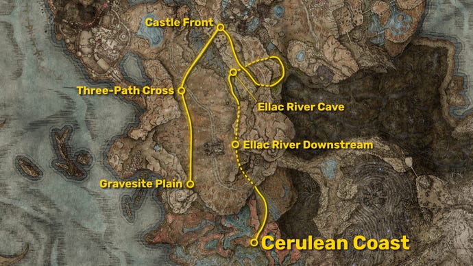 Part of the map of Elden Ring's Shadow Of The Erdtree DLC, with the path from the Gravesite Plain to the Cerulean Coast marked in yellow.