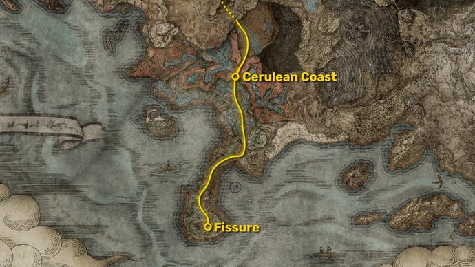 Part of the map of the Cerulean Coast in Elden Ring: Shadow Of The Erdtree, with the path from the Cerulean Coast Grace to the Fissure entrance marked in yellow.