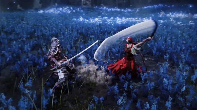 Elden Ring: Shadow Of The Erdtree trailer image of the Tarnished fighting an enemy with a Great Katana.