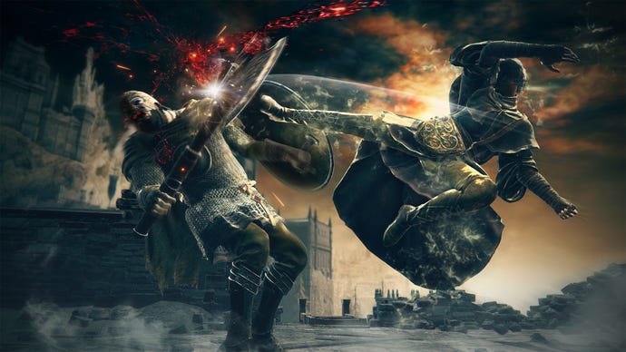 Elden Ring: Shadow Of The Erdtree art promo image of the Tarnished kicking an enemy.