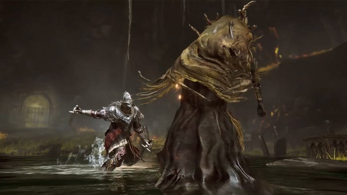 Elden Ring: Shadow Of The Erdtree trailer image of the Tarnished fighting an enemy with a Reverse Hand Sword.