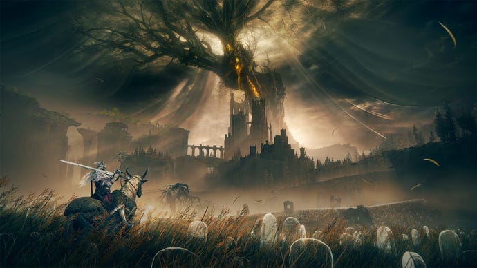 Promotional art for the Elden Ring Shadow Of The Erdtree DLC featuring the Tarnished and Torrent in The Land of Shadow.