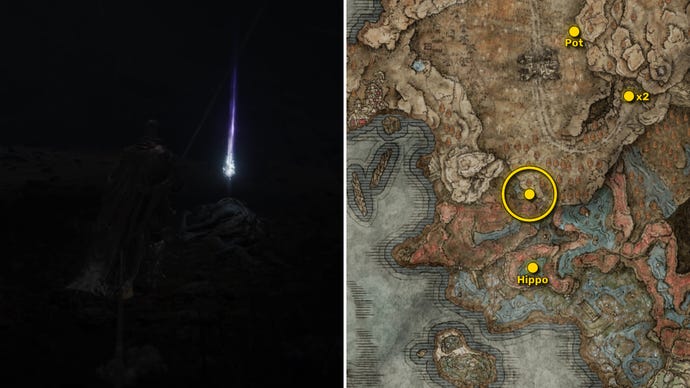 Two screenshots from Elden Ring: Shadow Of The Erdtree. Left: the player approaches a Scadutree Fragment. Right: the location of that Scadutree Fragment on the map.