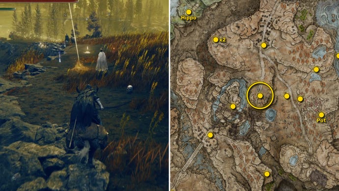 Two screenshots from Elden Ring: Shadow Of The Erdtree. Left: the player approaches a Scadutree Fragment. Right: the location of that Scadutree Fragment on the map.