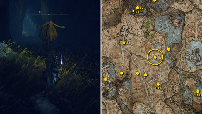 Two screenshots from Elden Ring: Shadow Of The Erdtree. Left: the player approaches a Scadutree Fragment. Right: the location of that Scadutree Fragment on the map.