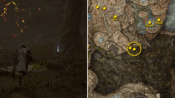 Two screenshots from Elden Ring: Shadow Of The Erdtree. Left: the player approaches a Scadutree Fragment. Right: the location of that Scadutree Fragment on the map.