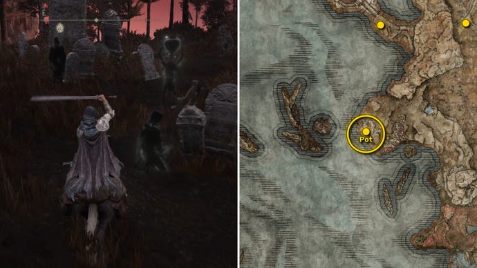 Two screenshots from Elden Ring: Shadow Of The Erdtree. Left: the player approaches a Scadutree Fragment. Right: the location of that Scadutree Fragment on the map.