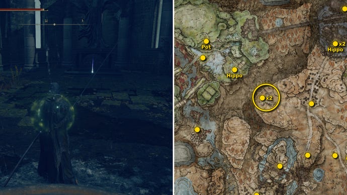 Two screenshots from Elden Ring: Shadow Of The Erdtree. Left: the player approaches a Scadutree Fragment. Right: the location of that Scadutree Fragment on the map.