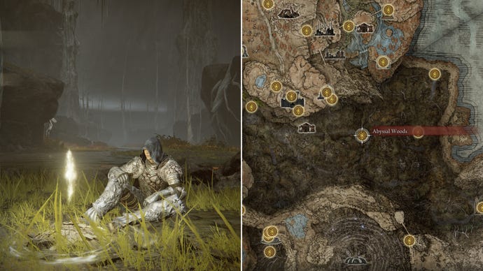 Two screenshots from Elden Ring: Shadow Of The Erdtree. Left: the player sits next to the Abyssal Woods Site Of Grace. Right: the location of that Site Of Grace on the map.