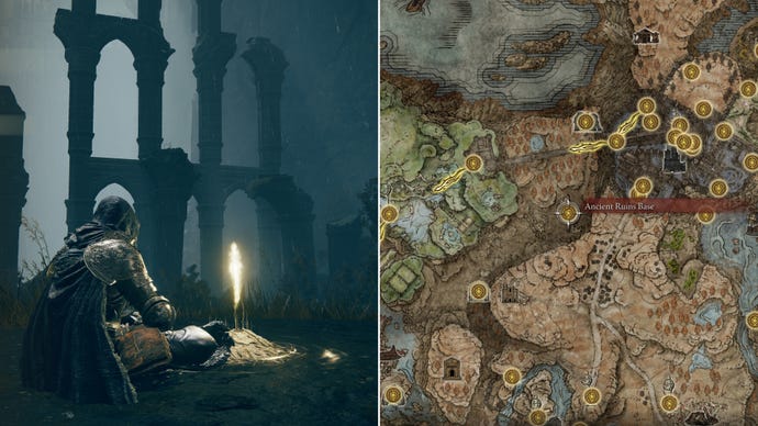 Two screenshots from Elden Ring: Shadow Of The Erdtree. Left: the player sits next to the Ancient Ruins Base Site Of Grace. Right: the location of that Site Of Grace on the map.