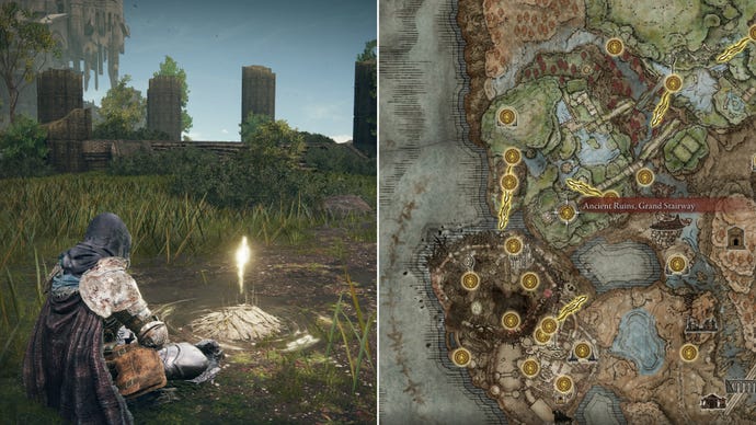 Two screenshots from Elden Ring: Shadow Of The Erdtree. Left: the player sits next to the Ancient Ruins Grand Stairway Site Of Grace. Right: the location of that Site Of Grace on the map.